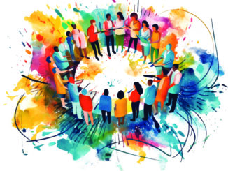 An illustration of a group of people in a circle surrounded by vibrant colors