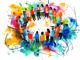 An illustration of a group of people in a circle surrounded by vibrant colors