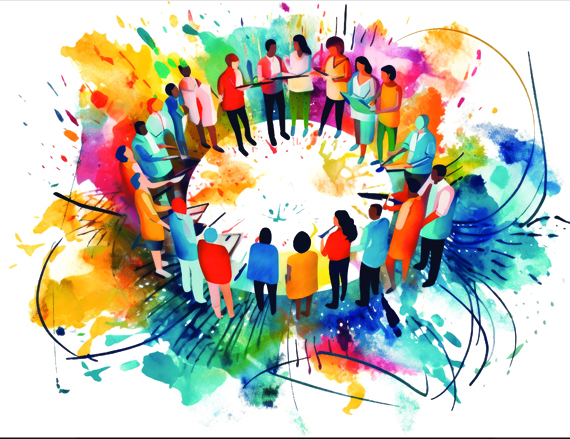 An illustration of a group of people in a circle surrounded by vibrant colors