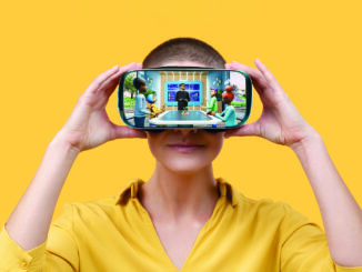 Woman uses Virtual Reality headset